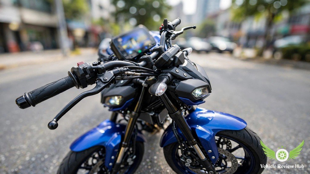 Close-up of the Yamaha MT-125 TFT dashboard and handlebars