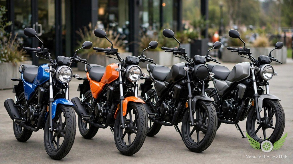 Four small 125cc naked motorcycles parked side by side for comparison