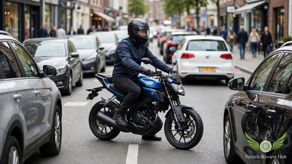 Yamaha MT-125 rider filtering through city traffic