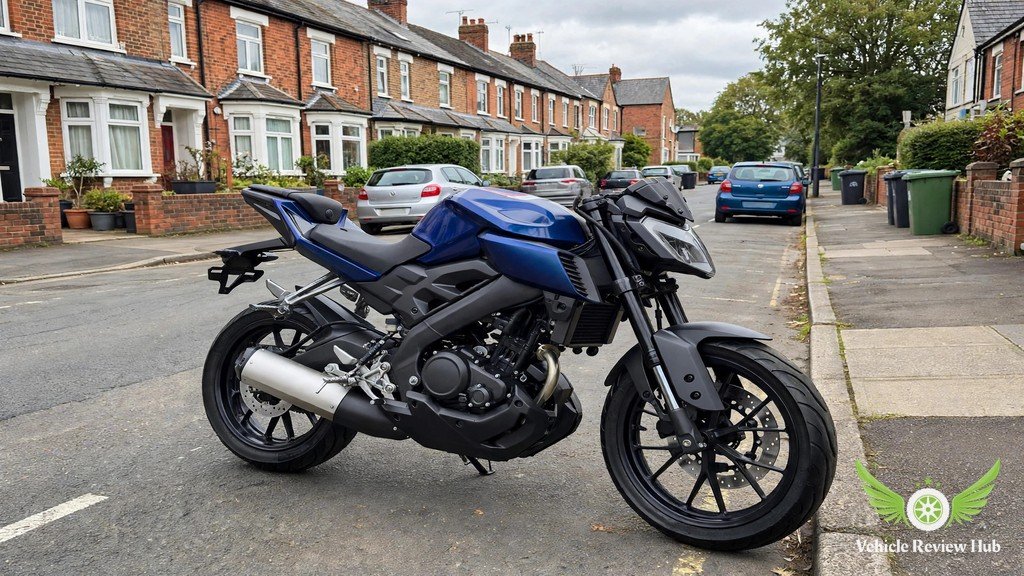Blue Yamaha MT-125 parked on a UK street showing its naked styling and upright riding position