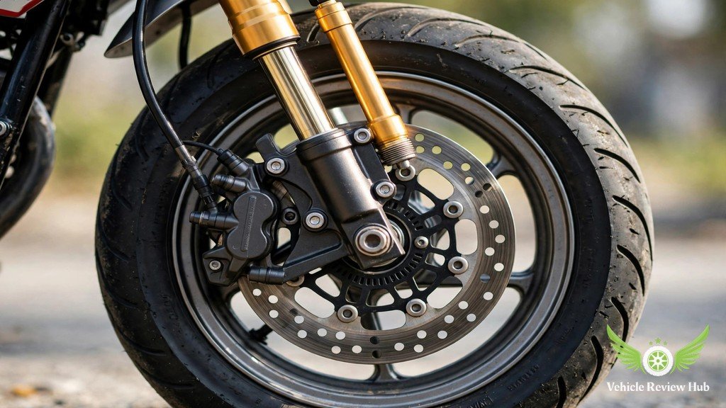 Yamaha MT-125 front wheel showing the 292mm brake disc radial caliper and upside-down fork
