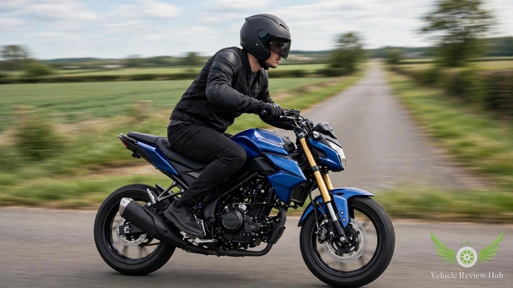 Yamaha MT-125 rider at speed on an open road