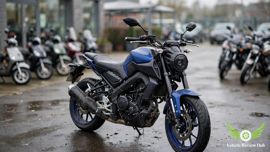 Used blue Yamaha MT-125 parked on a UK motorcycle dealership forecourt