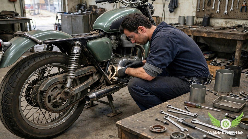 Mechanic inspecting the rear swingarm and drive chain of a Yamaha XSR700 in a workshop