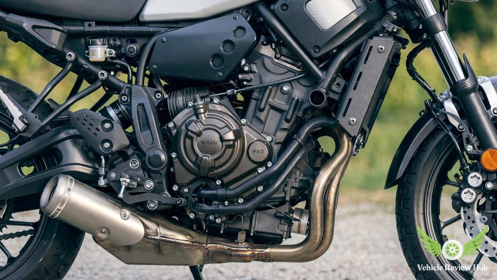 Close-up of the Yamaha XSR700 689cc CP2 twin engine, frame and exhaust headers