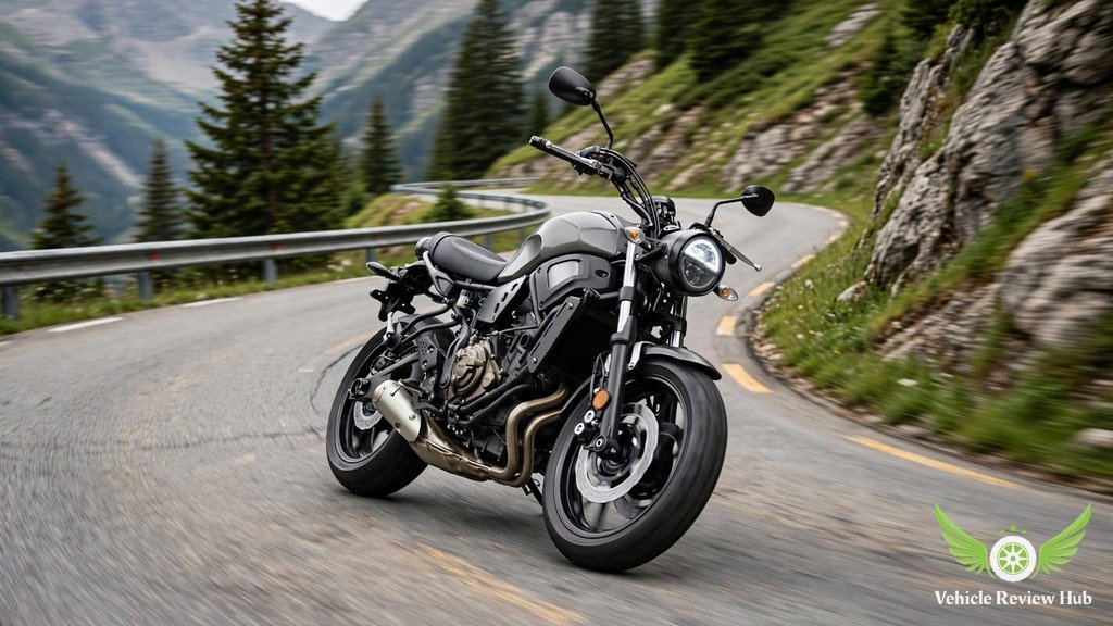 Yamaha XSR700 retro naked motorcycle leaning into a corner on a winding mountain road