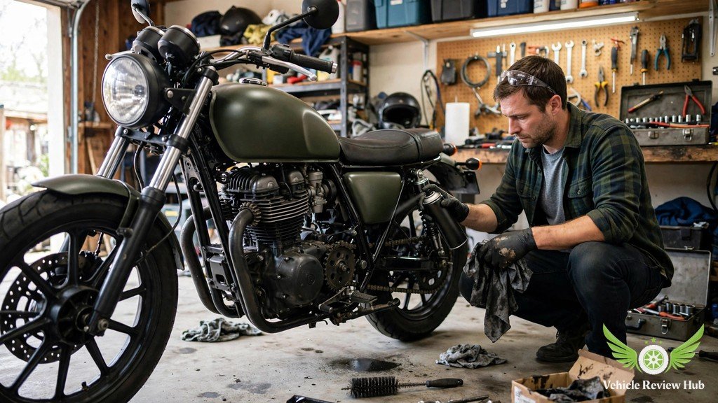 Owner cleaning and lubricating the drive chain of a Yamaha XSR700 in a garage
