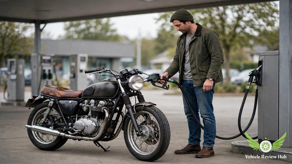 Yamaha XSR700 parked at a fuel station pump during everyday riding