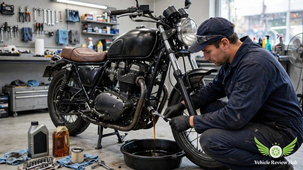 Mechanic performing an oil and filter change on a Yamaha XSR700 in a workshop