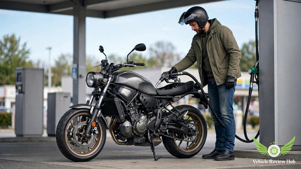 Yamaha XSR700 retro naked motorcycle parked beside a fuel station pump
