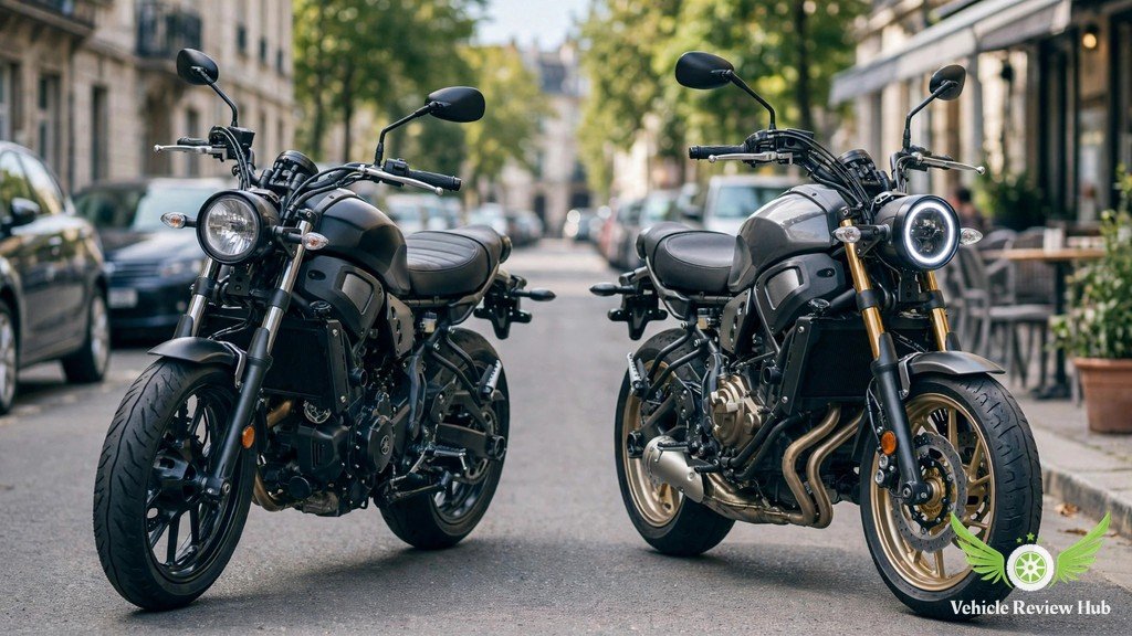 Two Yamaha XSR700 motorcycles parked side by side showing older and updated styling