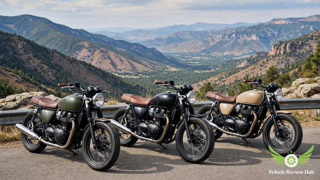 Three retro-styled naked motorcycles parked side by side on a scenic road overlook