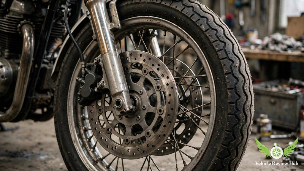 Close-up of a Yamaha XSR700 front wheel with dual brake discs and fork
