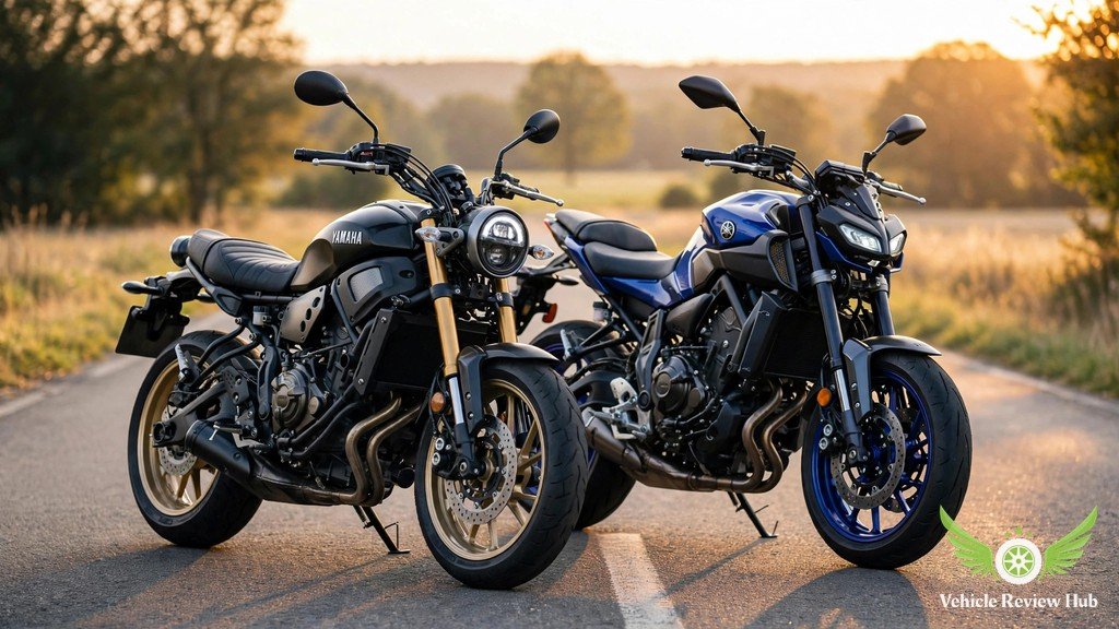 Black Yamaha XSR700 retro motorcycle parked beside a modern Yamaha MT-07 naked motorcycle