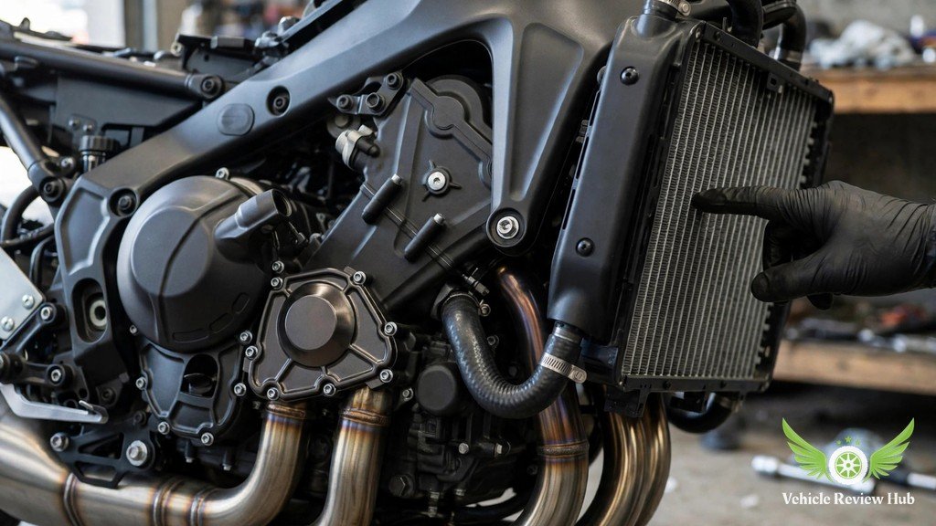 Mechanic inspecting the engine and radiator of a Yamaha XSR900