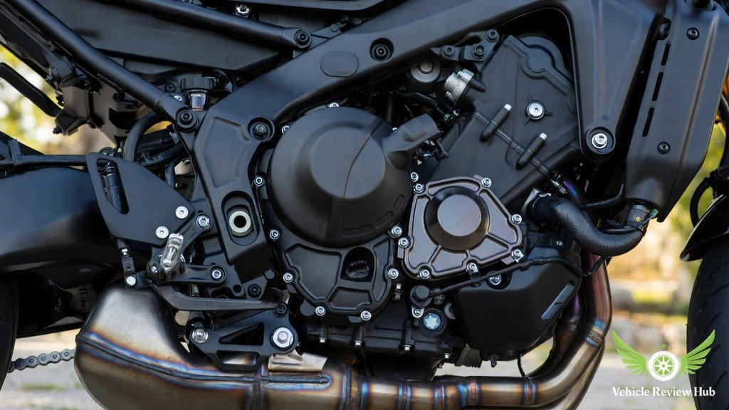 Close-up of the Yamaha XSR900 890cc CP3 triple engine and exhaust headers