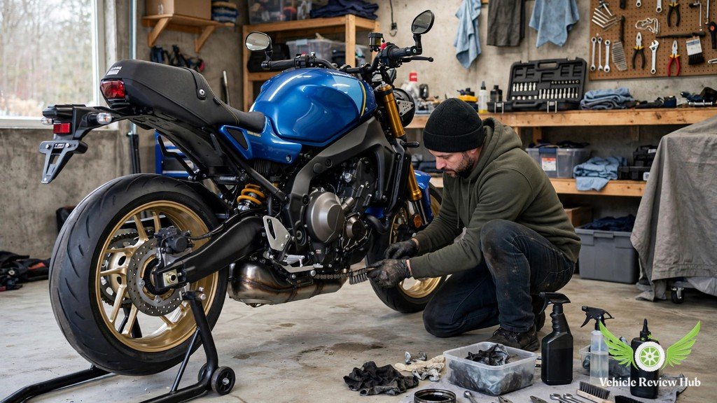 Owner cleaning and lubricating the drive chain of a Yamaha XSR900 in a garage