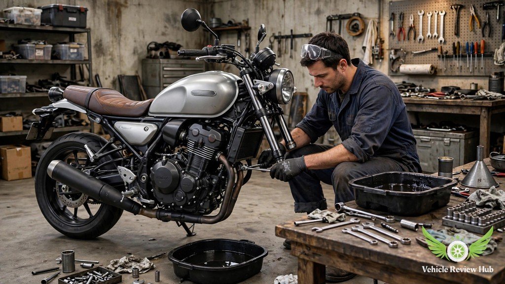 Mechanic servicing a Yamaha XSR900 in a workshop with oil and tools