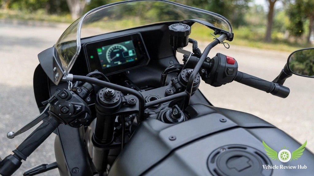 Close-up of the Yamaha XSR900 TFT dashboard and handlebars
