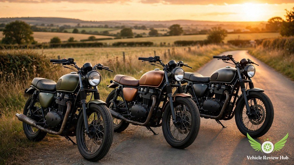 Three retro-styled naked motorcycles parked side by side on a scenic road