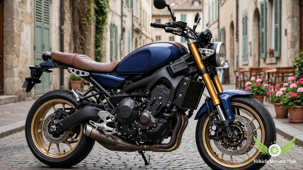 Blue retro-styled Yamaha XSR900 parked on a European city street