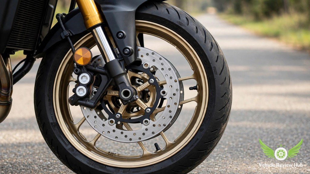 Close-up of the Yamaha XSR900 front wheel, dual brake discs and inverted fork