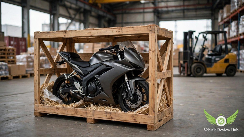 Grey sport motorcycle packed in a wooden shipping crate inside a warehouse