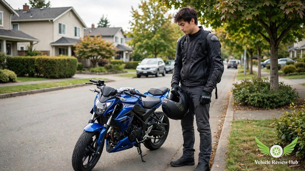 Young rider in gear standing beside a small blue sport motorcycle on a suburban street