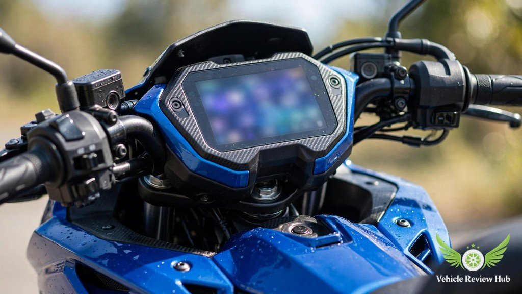 Close-up of a modern sport motorcycle TFT dashboard and handlebars in daylight