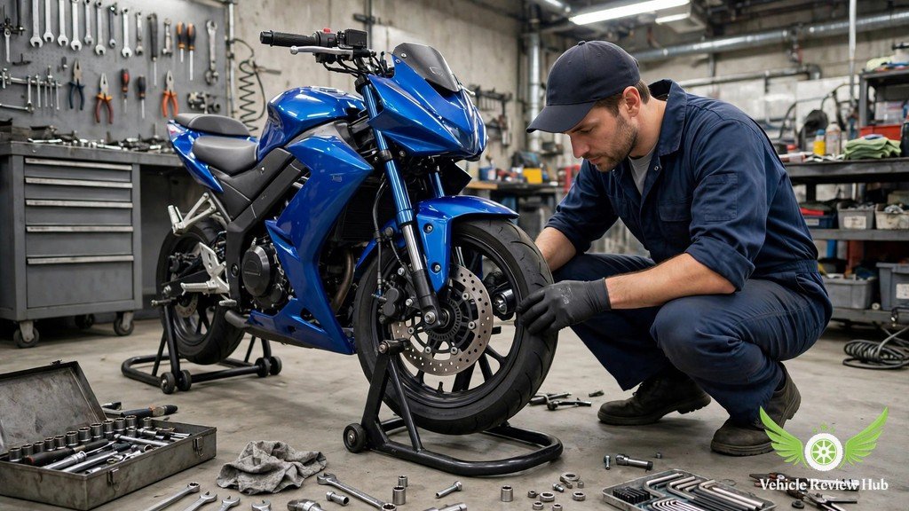 Mechanic inspecting the front wheel and brake disc of a blue sport motorcycle in a workshop