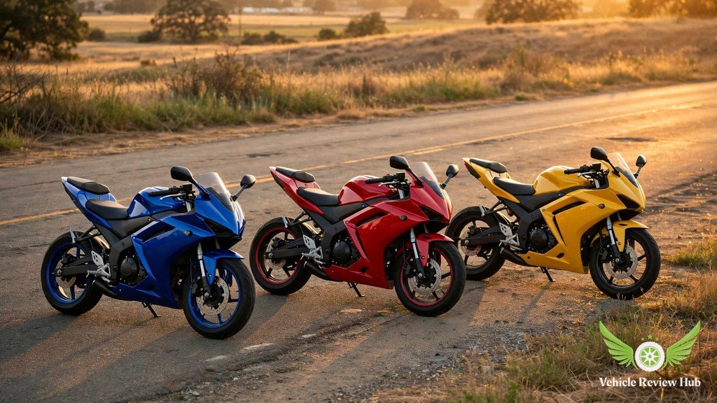 Three small sport motorcycles in blue, red and yellow parked on an American road at sunset