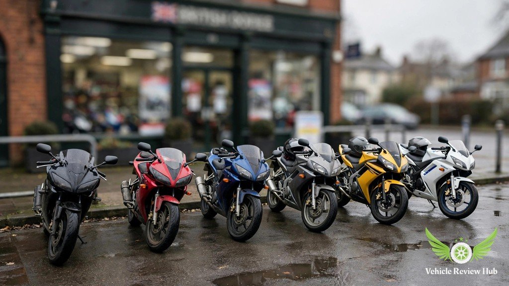 Used Yamaha YZF-R125 sportbikes lined up for sale outside a UK motorcycle dealership