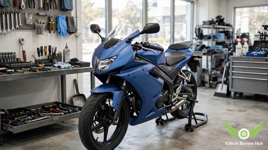 Yamaha YZF-R125 parked in a motorcycle workshop before a reliability inspection