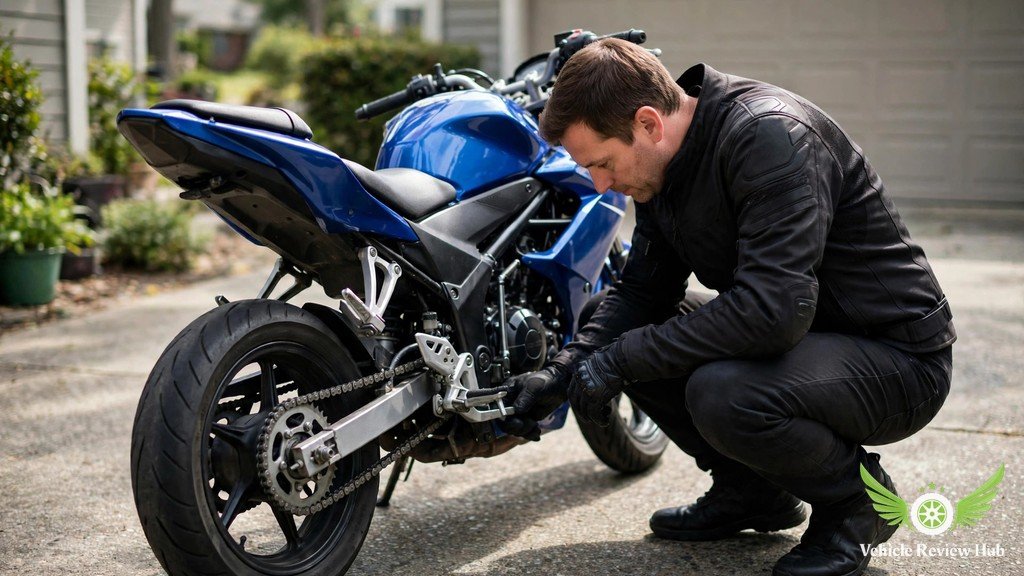 Owner crouching to check the chain of a Yamaha YZF-R125 parked in a driveway