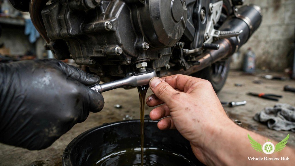 Mechanic draining engine oil from a Yamaha YZF-R125 during a scheduled service