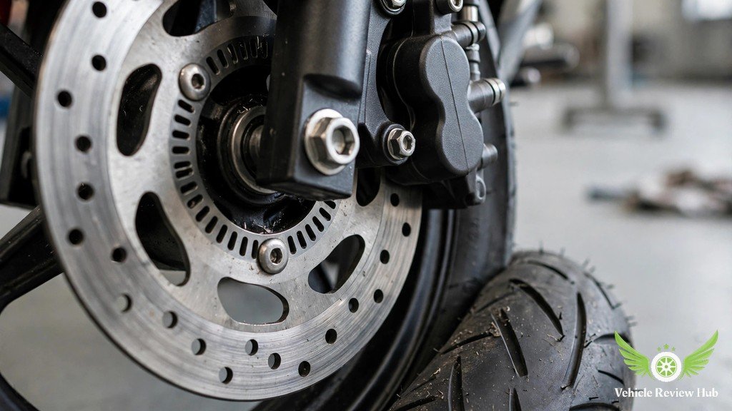 Close-up of a Yamaha YZF-R125 front brake disc, caliper and tyre tread during a brake inspection