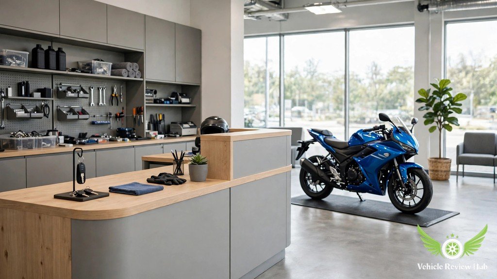 Yamaha YZF-R125 on display at a dealership service reception desk