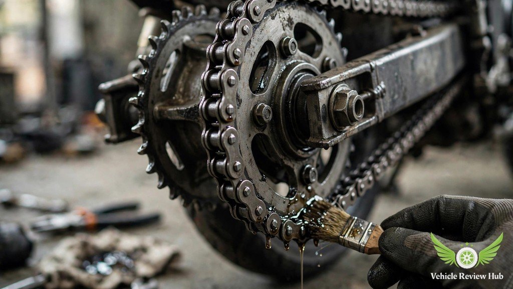Close-up of a Yamaha YZF-R125 drive chain and rear sprocket being lubricated during inspection